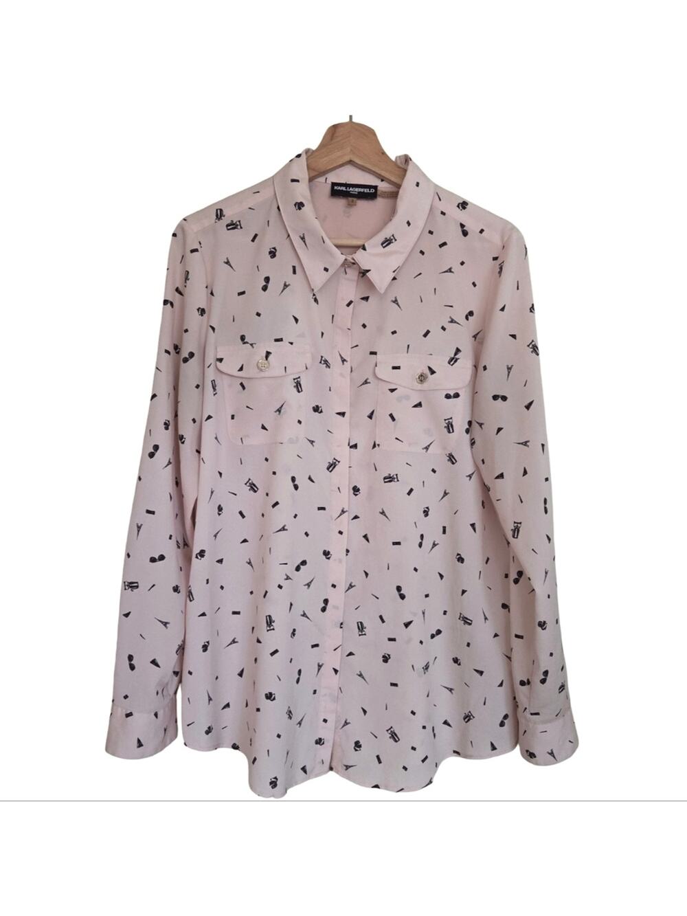 Karl Lagerfeld | Paris and Cats Graphic Print Semi-Sheer Button Up Blouse Shirt
